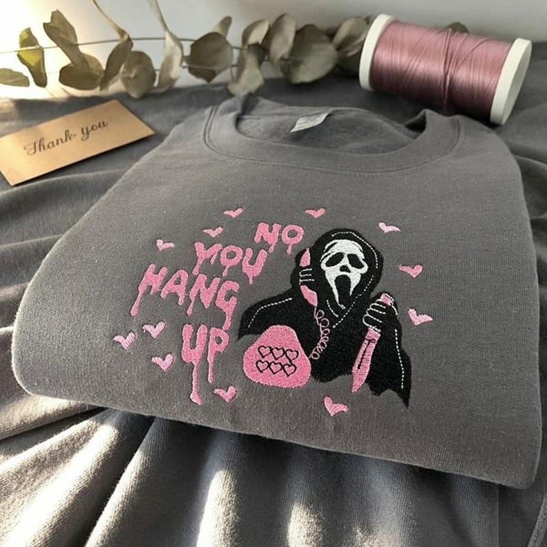 Halloween Embroidered Sweatshirt, No You Hang Horror Up Movie Crewneck - Image 2
