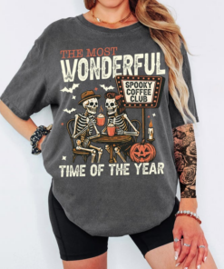 Vintage Pumpkin Spooky Coffee Shirt, Skeletons Drinking Coffee, Funny Vibes, Halloween Day