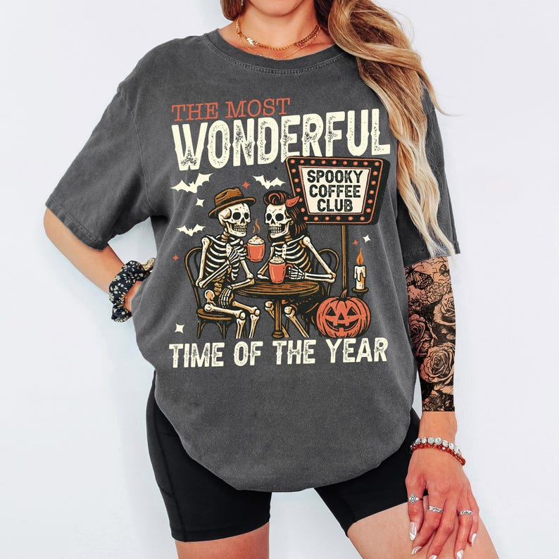 Vintage Pumpkin Spooky Coffee Shirt, Skeletons Drinking Coffee, Funny Vibes, Halloween Day