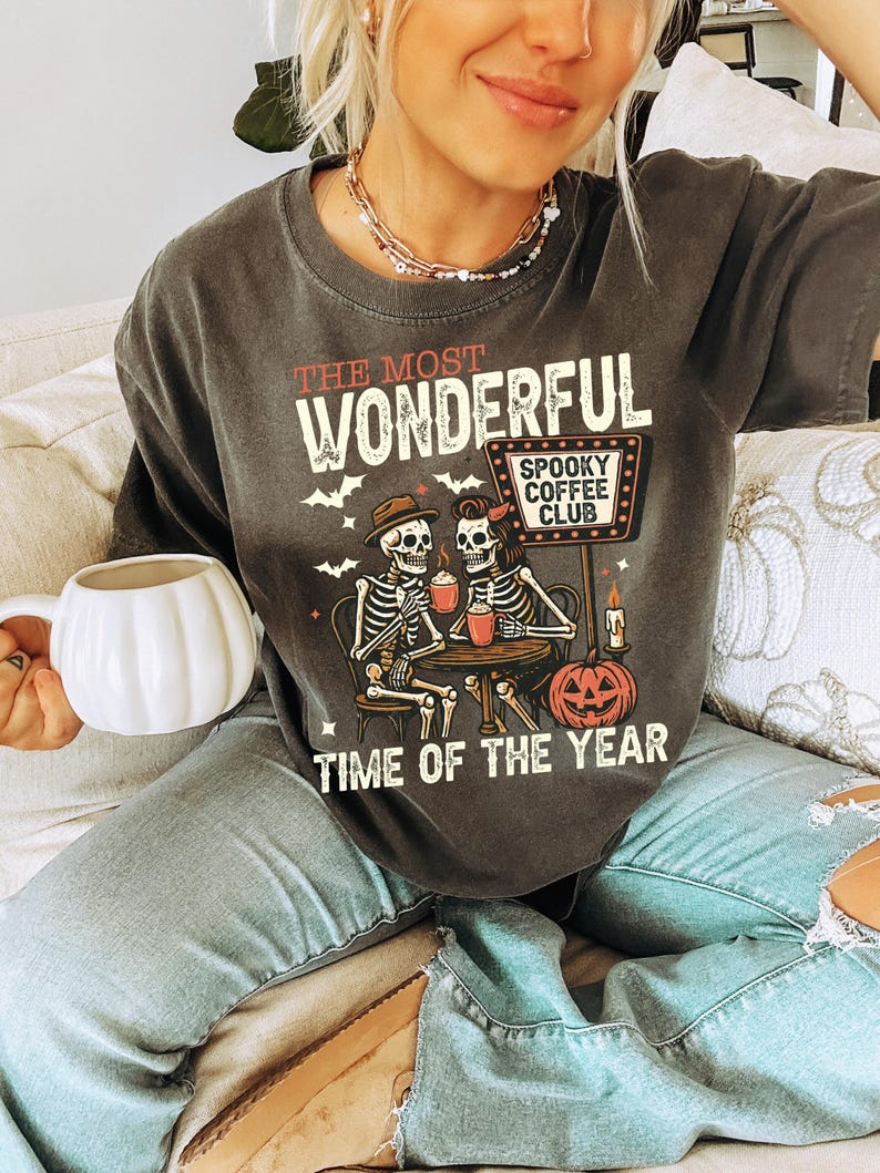 Vintage Pumpkin Spooky Coffee Shirt, Skeletons Drinking Coffee, Funny Vibes, Halloween Day - Image 3