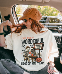 Alternative view of Vintage Pumpkin Spooky Coffee Shirt, Skeletons Drinking Coffee, Funny Vibes, Halloween Day