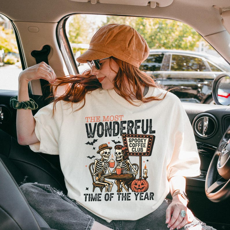 Vintage Pumpkin Spooky Coffee Shirt, Skeletons Drinking Coffee, Funny Vibes, Halloween Day - Image 2