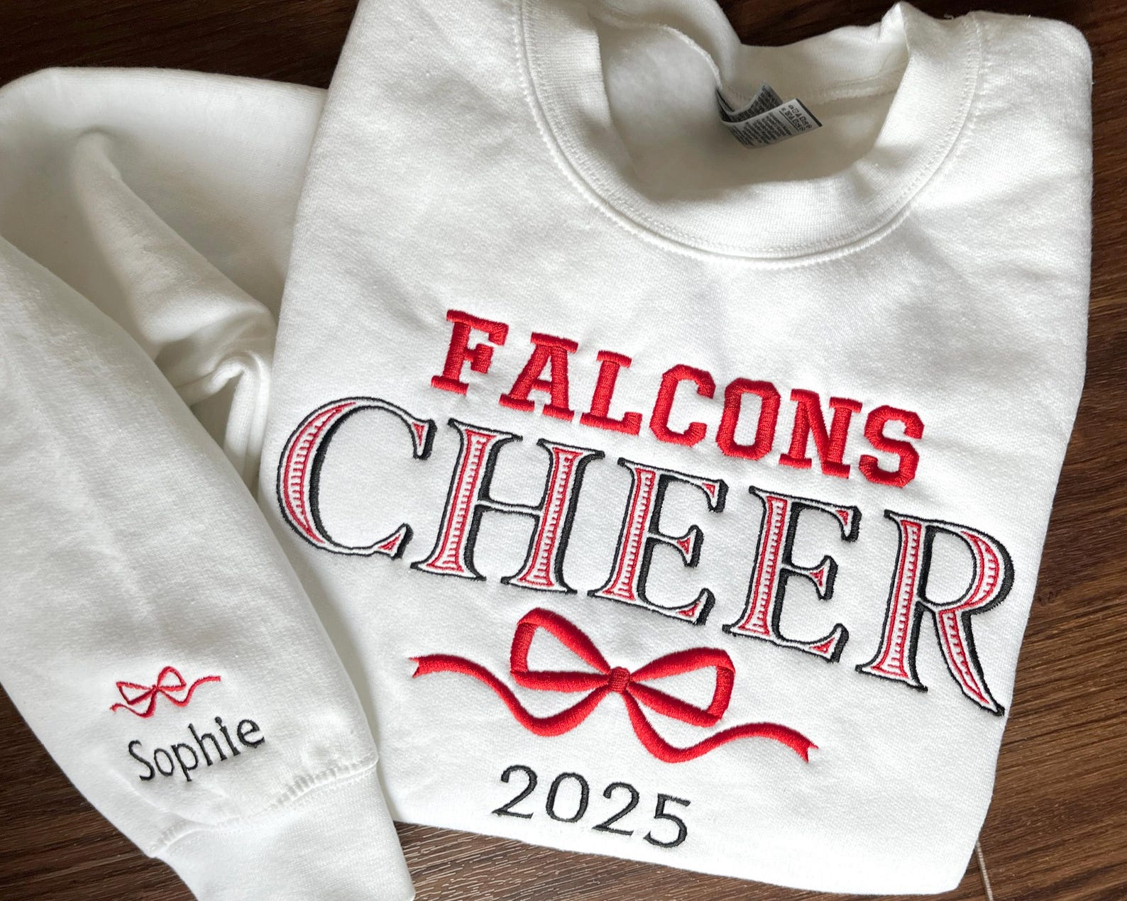 Personalized Embroidered Bow Cheer Sweater, Senior Coquette Custom Name Crewneck Hoodie