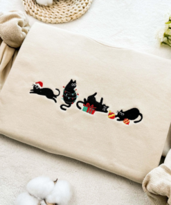 Alternative view of Christmas Cat Embroidered Sweatshirt, Funny Christmas Embroidered Hoodie, Cat Lover Crewneck Shirt