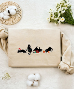 Christmas Cat Embroidered Sweatshirt, Funny Christmas Embroidered Hoodie, Cat Lover Crewneck Shirt