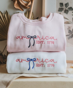Embroidered Patriotic USA 1776 Coquette Bow Sweatshirt, American Crewneck, Independence Day