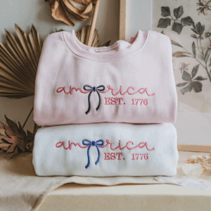 Embroidered Patriotic USA 1776 Coquette Bow Sweatshirt, American Crewneck, Independence Day
