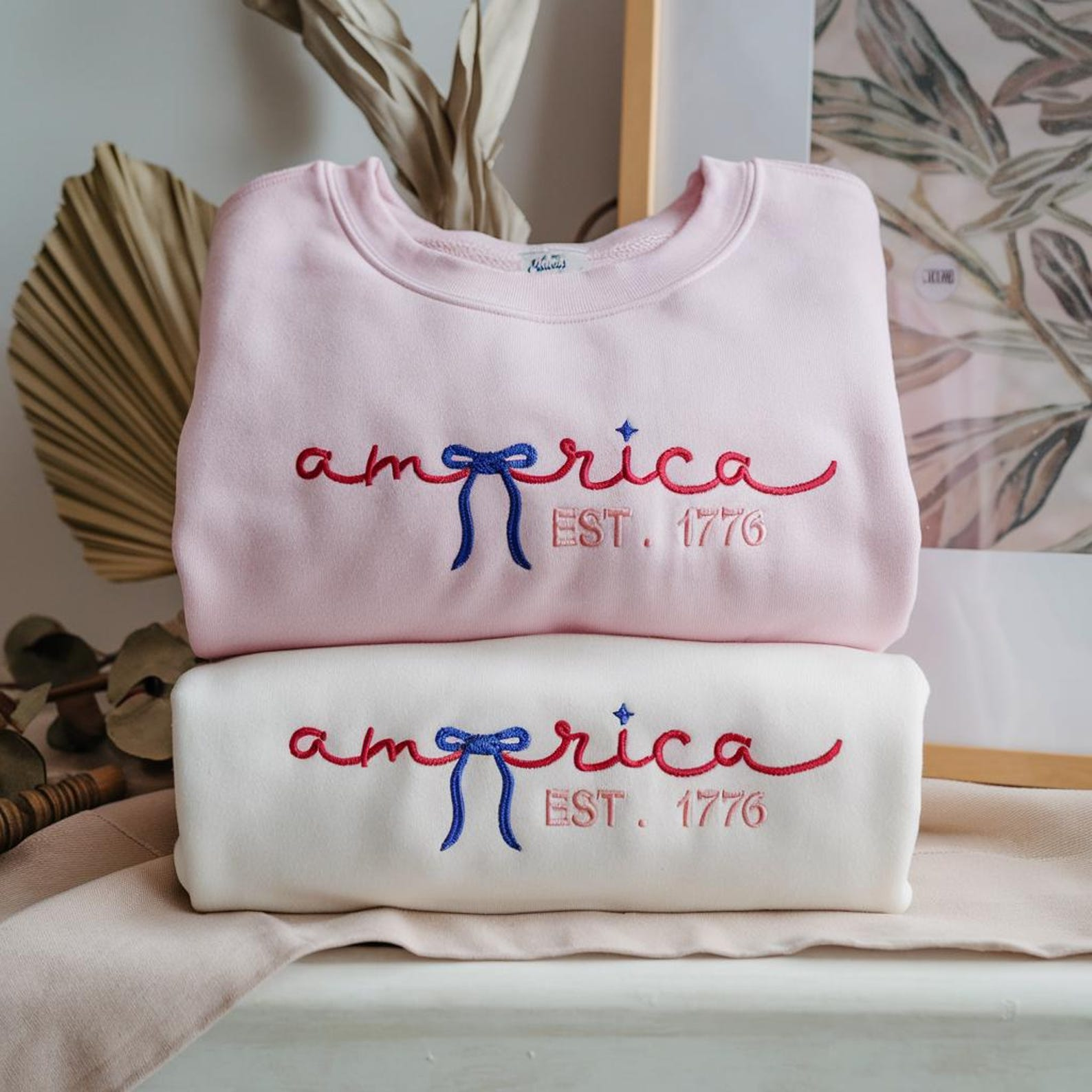 Embroidered Patriotic USA 1776 Coquette Bow Sweatshirt, American Crewneck, Independence Day - Image 2