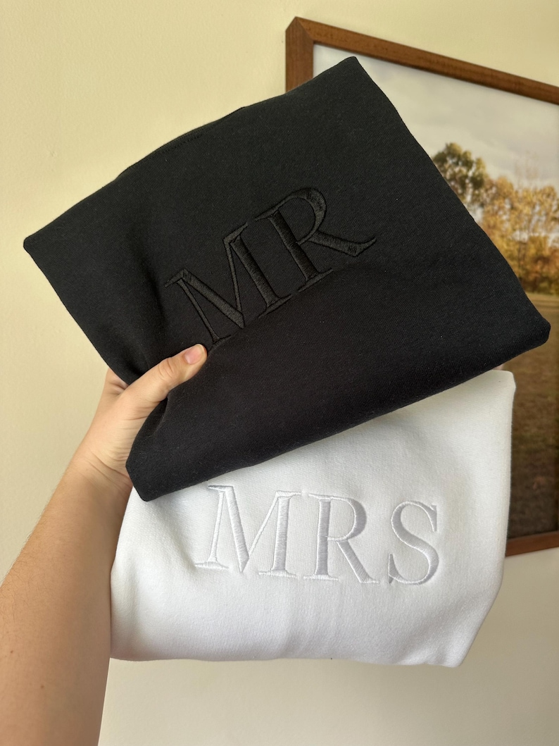 Mr and Mrs embroidered crewneck sweatshirts, husband wife matching, honeymoon wedding outfit