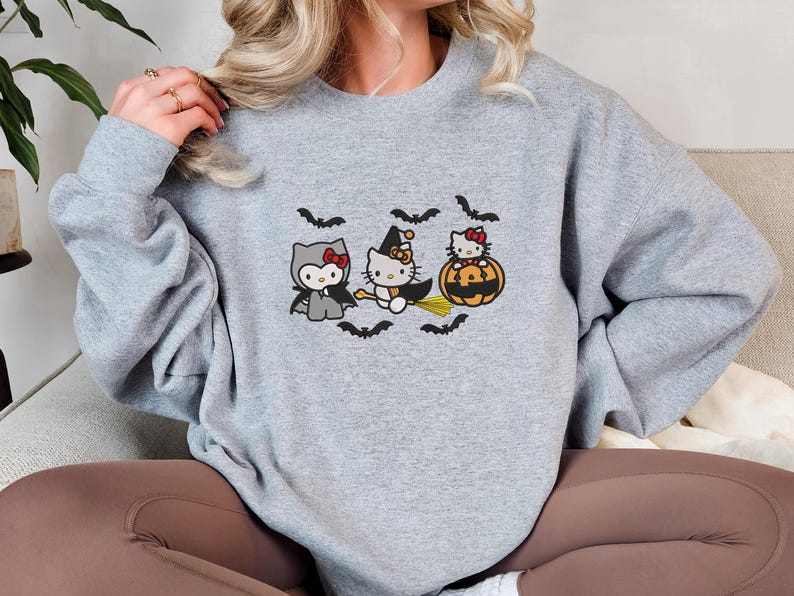 EMBROIDERED Hello Kitty Halloween, Cat Halloween Embroidery Sweatshirt, Halloween Gift, Pumpkin Season Merch