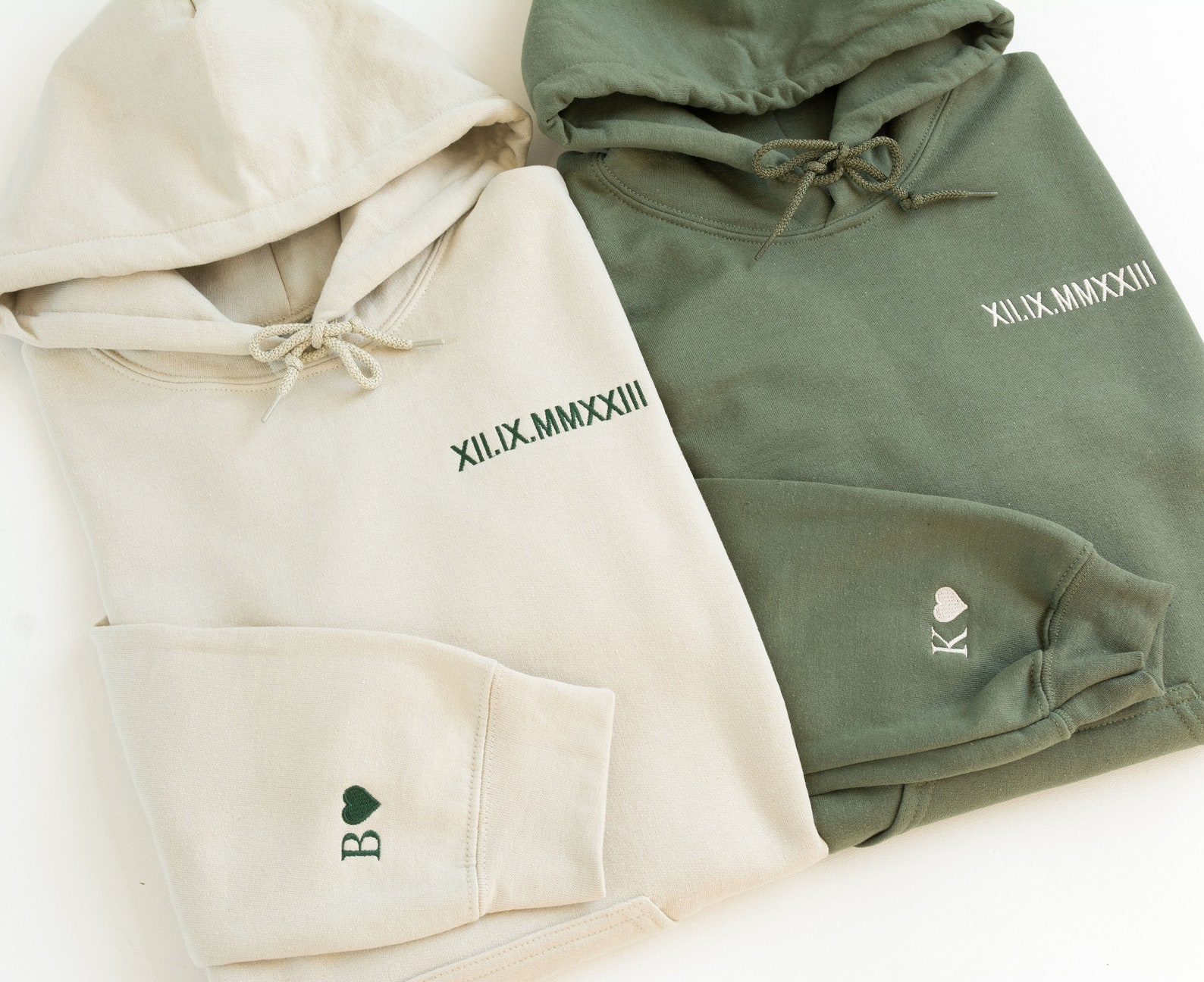 Custom Anniversary Embroidered Roman Numeral Hoodie, Couples Hoodie Initial on Sleeve