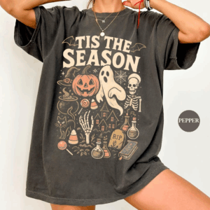 Retro 'Tis The Season Skeleton Pumpkin Ghost Halloween TShirt, Halloween Comfort Colors TShirt, Y2K Halloween, Women's Shirt