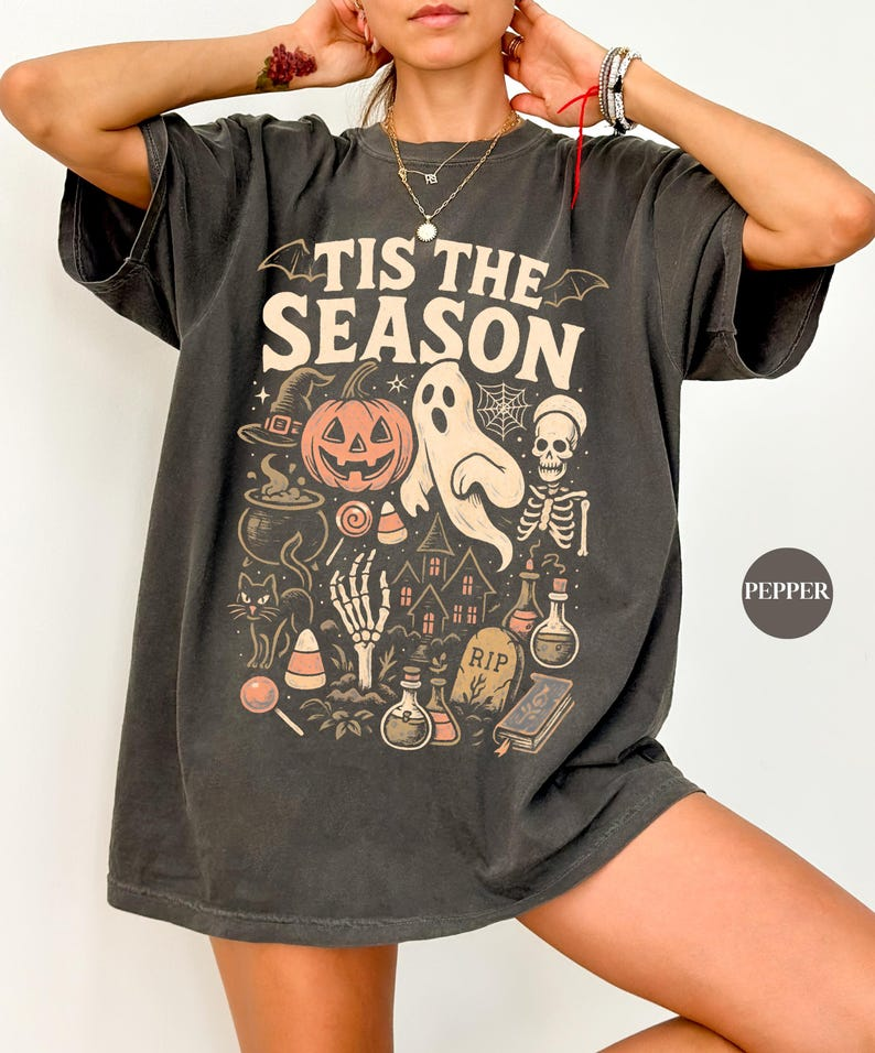 Retro 'Tis The Season Skeleton Pumpkin Ghost Halloween TShirt, Halloween Comfort Colors TShirt, Y2K Halloween, Women's Shirt