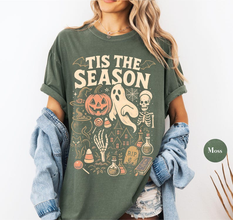 Retro 'Tis The Season Skeleton Pumpkin Ghost Halloween TShirt, Halloween Comfort Colors TShirt, Y2K Halloween, Women's Shirt - Image 2