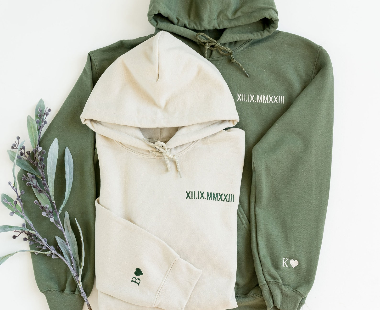 Custom Anniversary Embroidered Roman Numeral Hoodie, Couples Hoodie Initial on Sleeve - Image 4