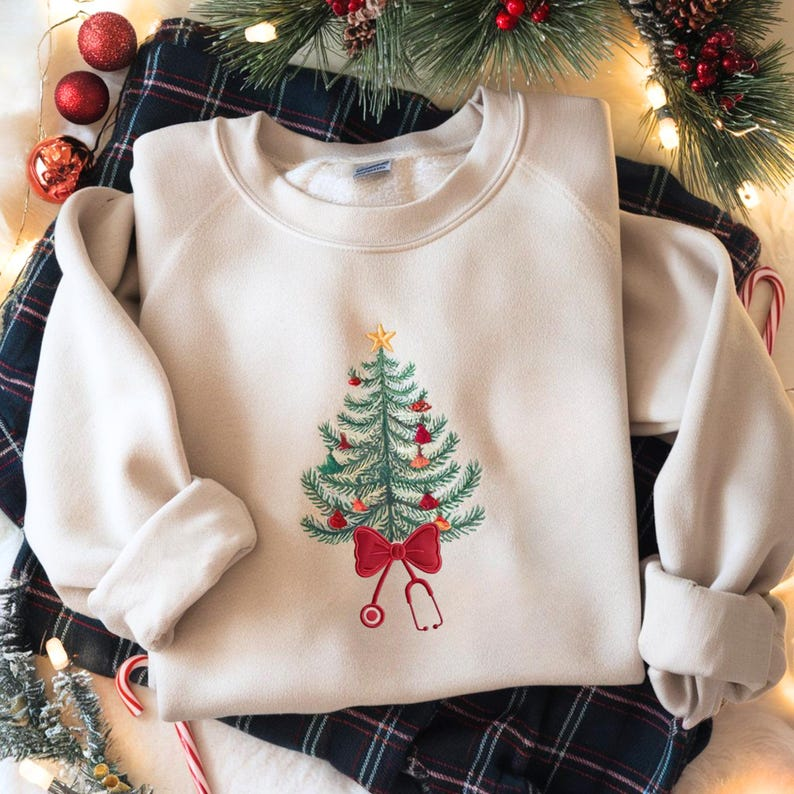 Christmas Tree Embroidered Sweatshirt, Merry Christmas Stethoscope Crewneck, CNA gift, Christmas gift, Holidays gift