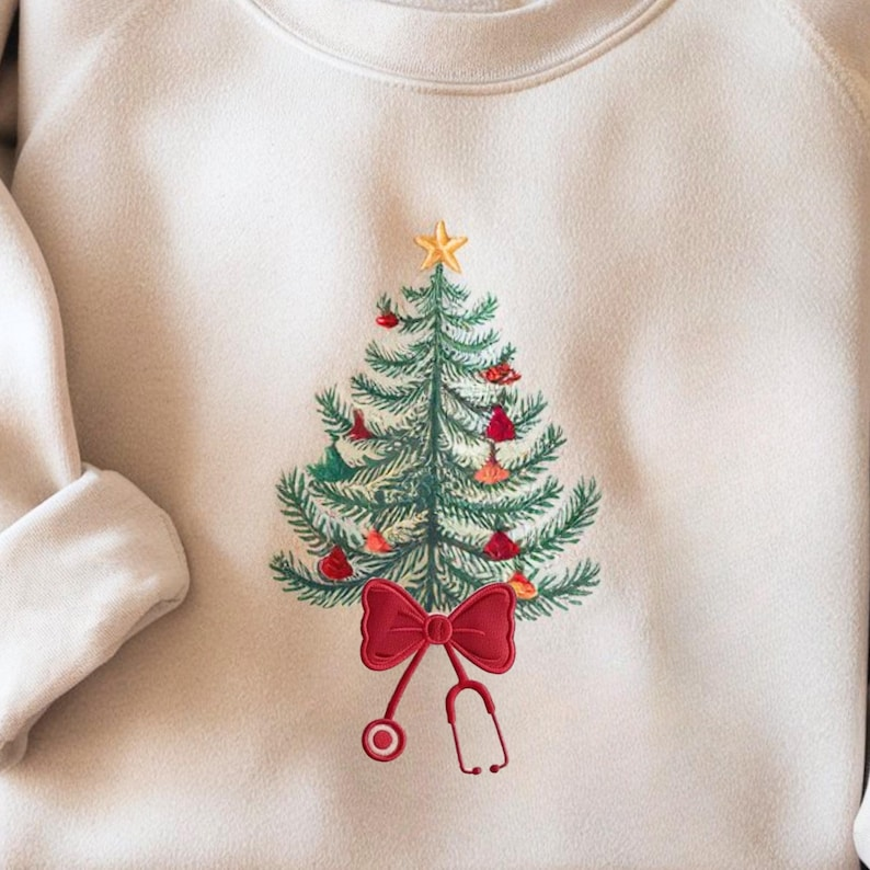 Christmas Tree Embroidered Sweatshirt, Merry Christmas Stethoscope Crewneck, CNA gift, Christmas gift, Holidays gift - Image 2