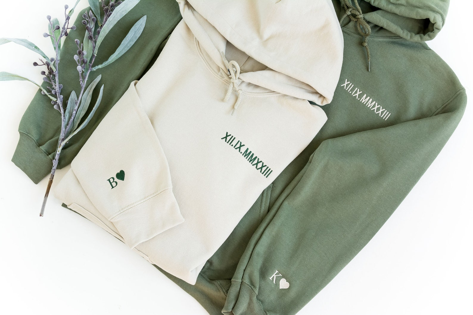 Custom Anniversary Embroidered Roman Numeral Hoodie, Couples Hoodie Initial on Sleeve - Image 3