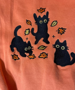Alternative view of EMBROIDERED Cute Black Cat Pouncing Leaves Sweatshirt, Cozy Cat Lover Sweatshirt, Autumn Vibes Tee, Cozy Fall Halloween Embroidered Shirt