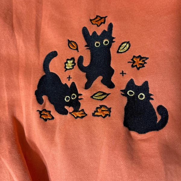 EMBROIDERED Cute Black Cat Pouncing Leaves Sweatshirt, Cozy Cat Lover Sweatshirt, Autumn Vibes Tee, Cozy Fall Halloween Embroidered Shirt - Image 2