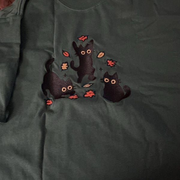 EMBROIDERED Cute Black Cat Pouncing Leaves Sweatshirt, Cozy Cat Lover Sweatshirt, Autumn Vibes Tee, Cozy Fall Halloween Embroidered Shirt - Image 4