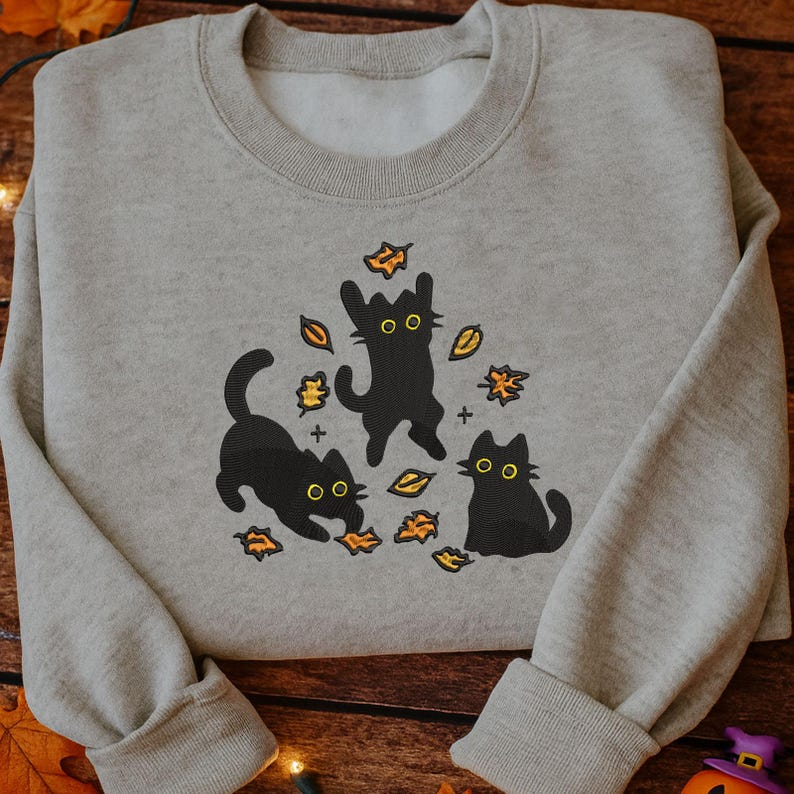 EMBROIDERED Cute Black Cat Pouncing Leaves Sweatshirt, Cozy Cat Lover Sweatshirt, Autumn Vibes Tee, Cozy Fall Halloween Embroidered Shirt - Image 3