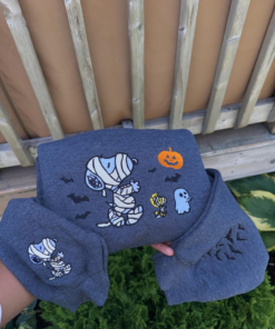 Cute Halloween Embroidered Sweatshirt, Mummy Dog & Ghosts Fall Crewneck, Spooky Season Aesthetic, Cozy October Sweater