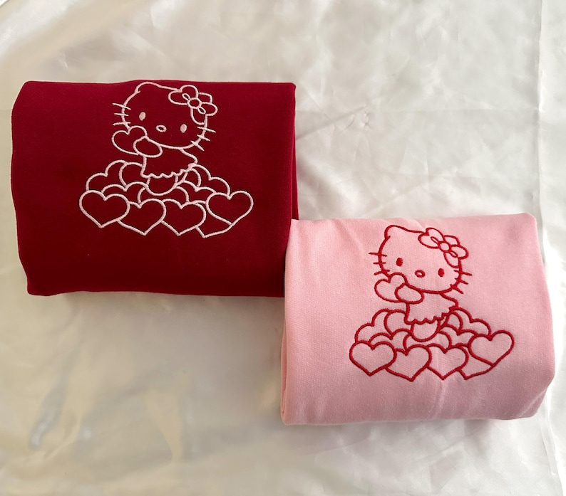 Valentine Kitty Clouds Embroidered Crewneck, Valentine's Sweatshirt