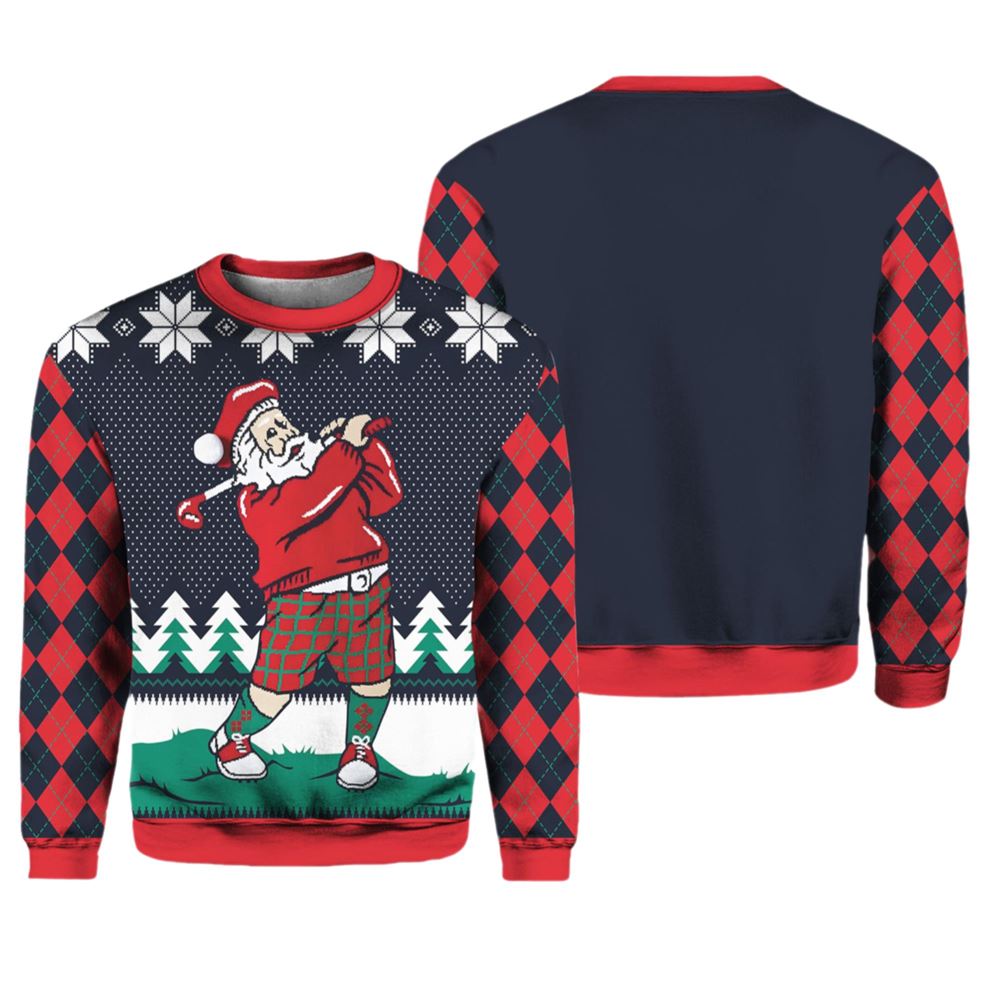 Teeing Off Golfing Santa Ugly Christmas Sweater - Grishko.com
