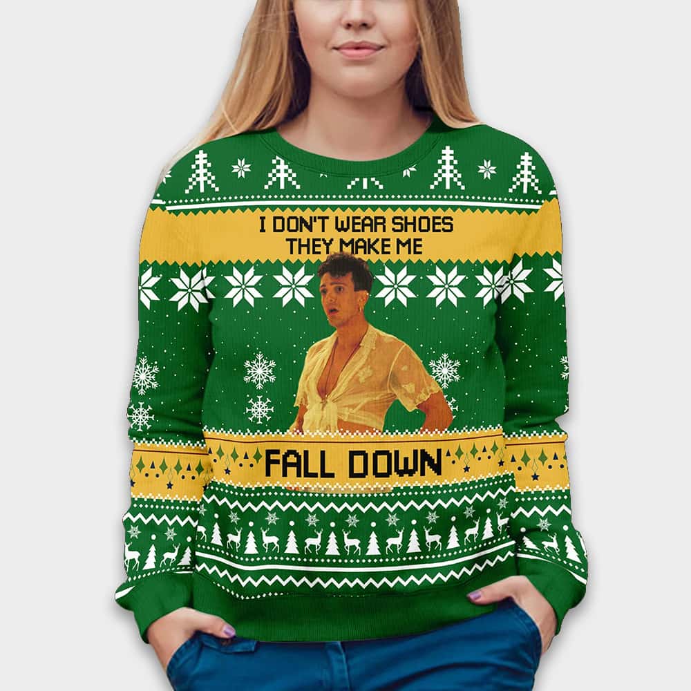 The Birdcage Agador Spartacus I Don't Wear Shoes They Make Me Fall Down Ugly Christmas Sweater - Image 3