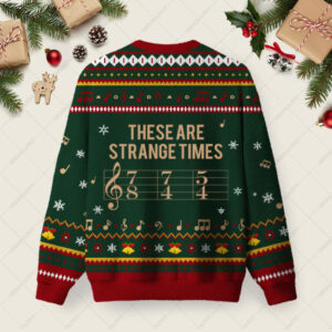 Alternative view of These Are Strange Times Music Joke Ugly Christmas Fuzzy Fleece Sweatshirt