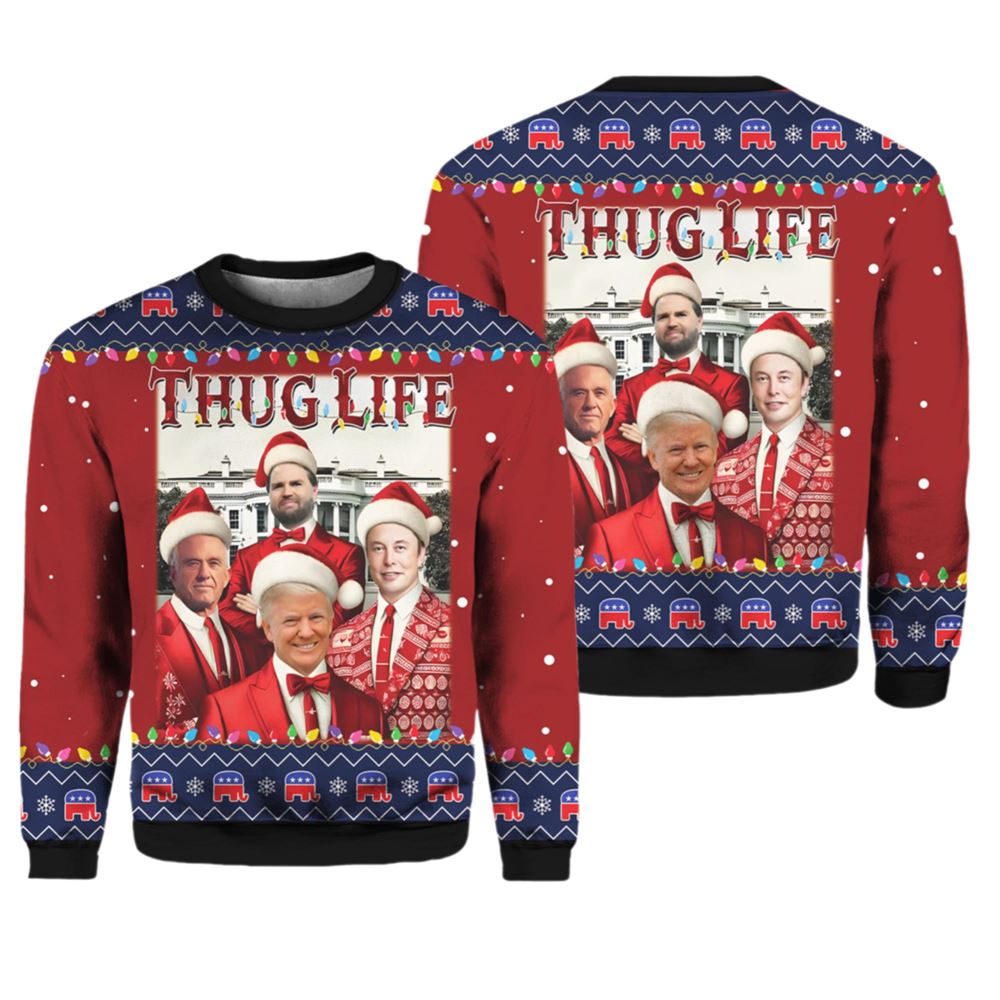 Thug Life Christmas Trump Vance Musk Ugly Christmas Sweater - Grishko.com