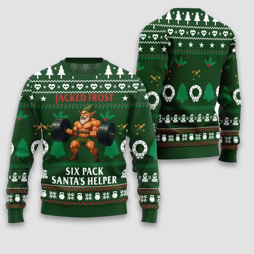 Time Flex Gym Jacked Frost Six Pack Santa's Helper Ugly Christmas Sweater