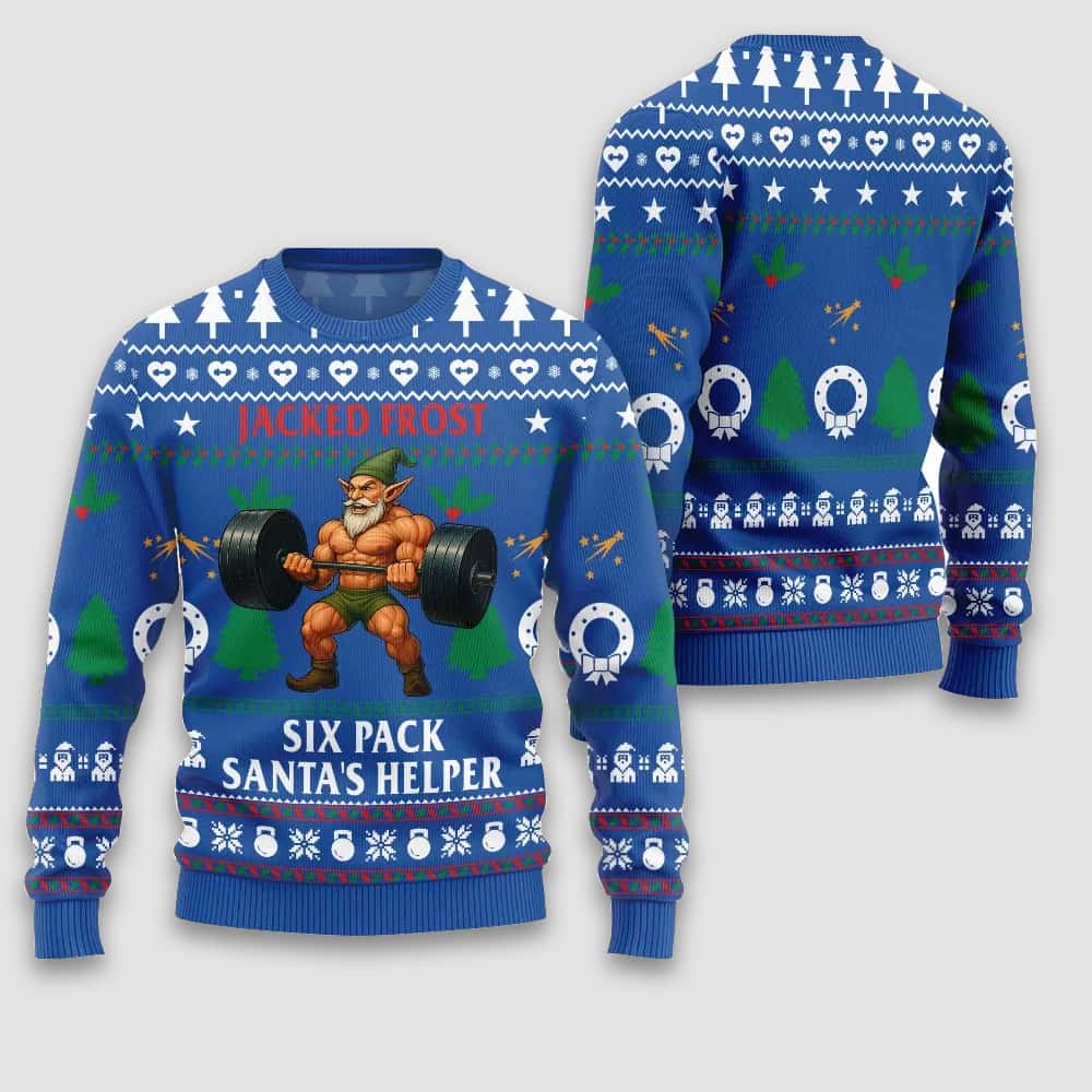 Time Flex Gym Jacked Frost Six Pack Santa's Helper Ugly Christmas Sweater - Image 3