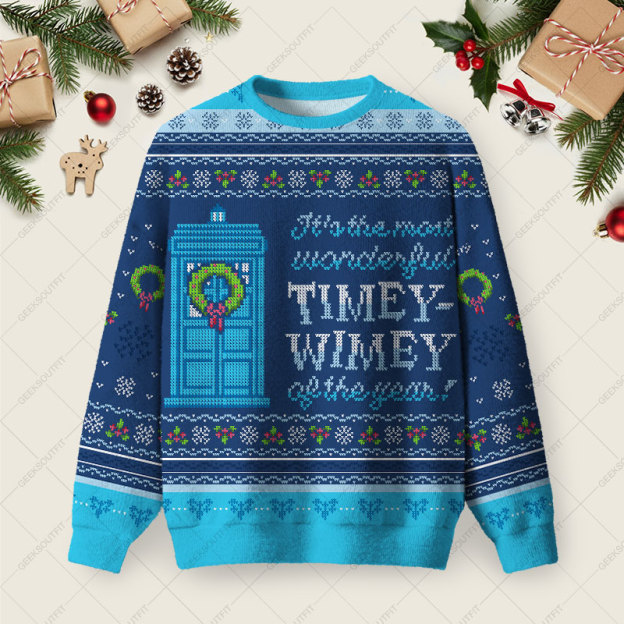 Timey Wimey Blue Ugly Christmas Fuzzy Fleece Sweatshirt