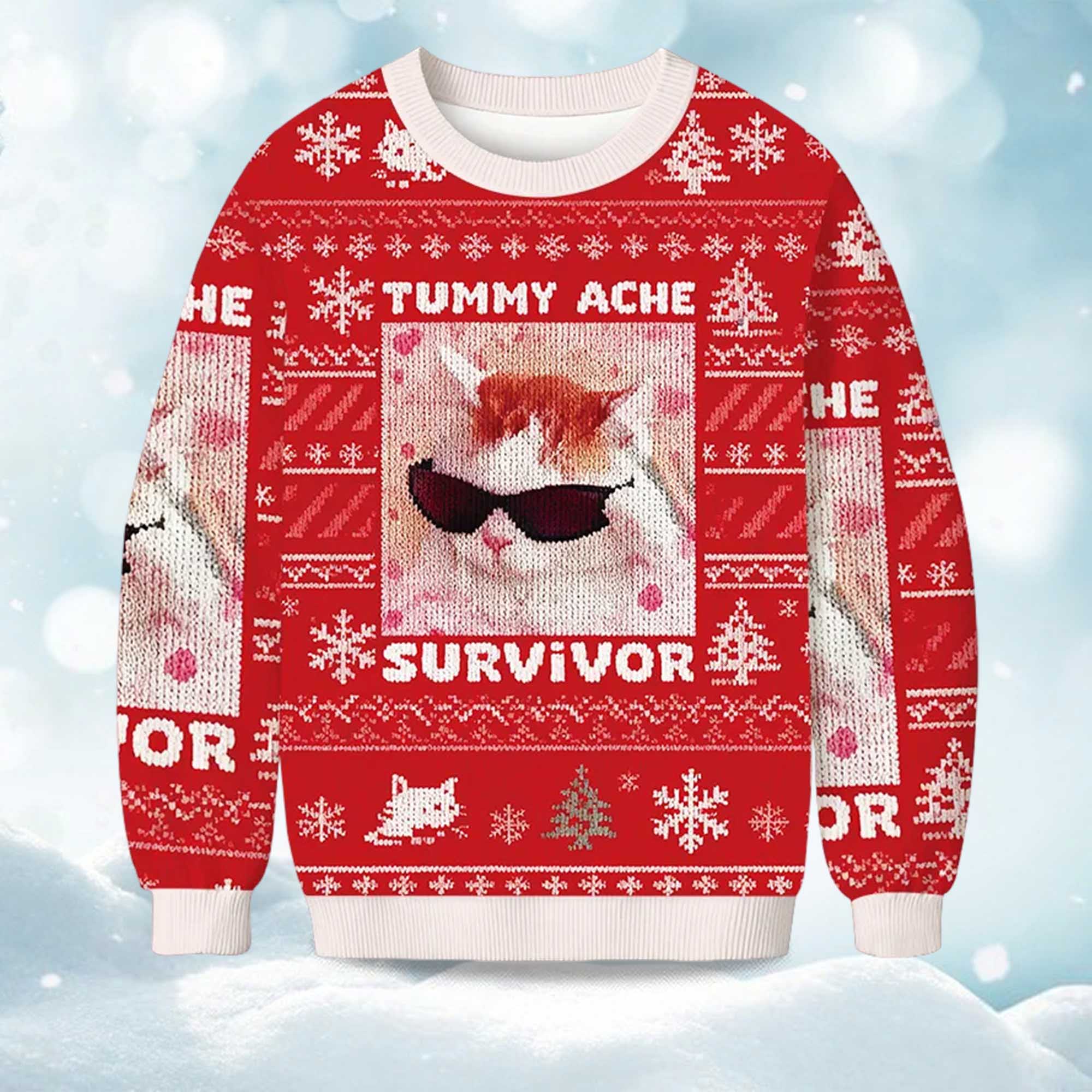 Tummy Ache Survivor Funny Cat Christmas Ugly Sweater