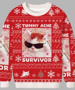 Tummy Ache Survivor Funny Cat Meme Christmas Ugly Sweater