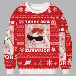 Tummy Ache Survivor Funny Cat Meme Christmas Ugly Sweater - gullprint.com