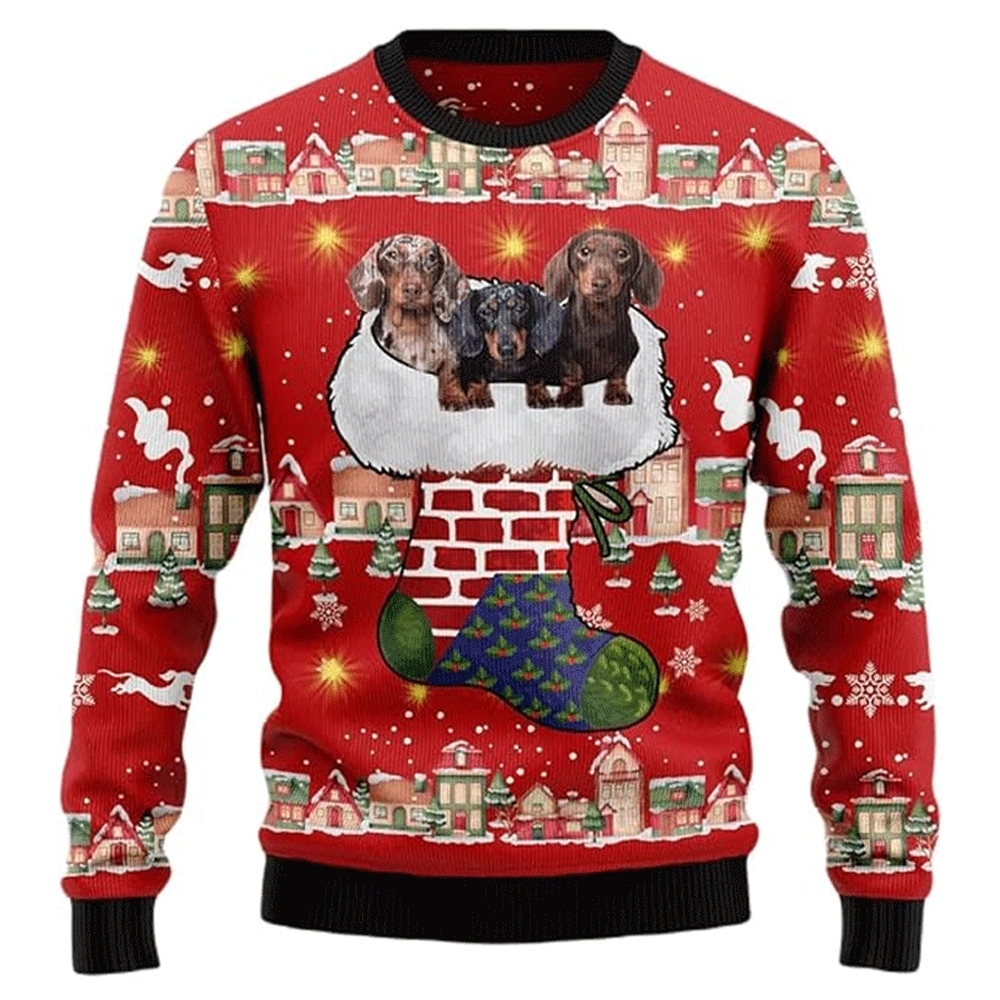 Unisex Christmas Dachshund Through The Snow 3D Print Cute Sausage Dog Ugly Sweatshirt - Grishko.com
