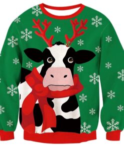 Unisex Milk Cow Print Round Neck Ugly Christmas Sweatshirt