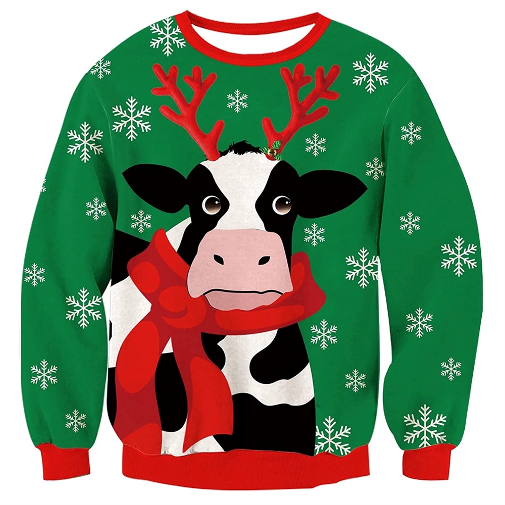Unisex Milk Cow Print Round Neck Ugly Christmas Sweatshirt - Grishko.com