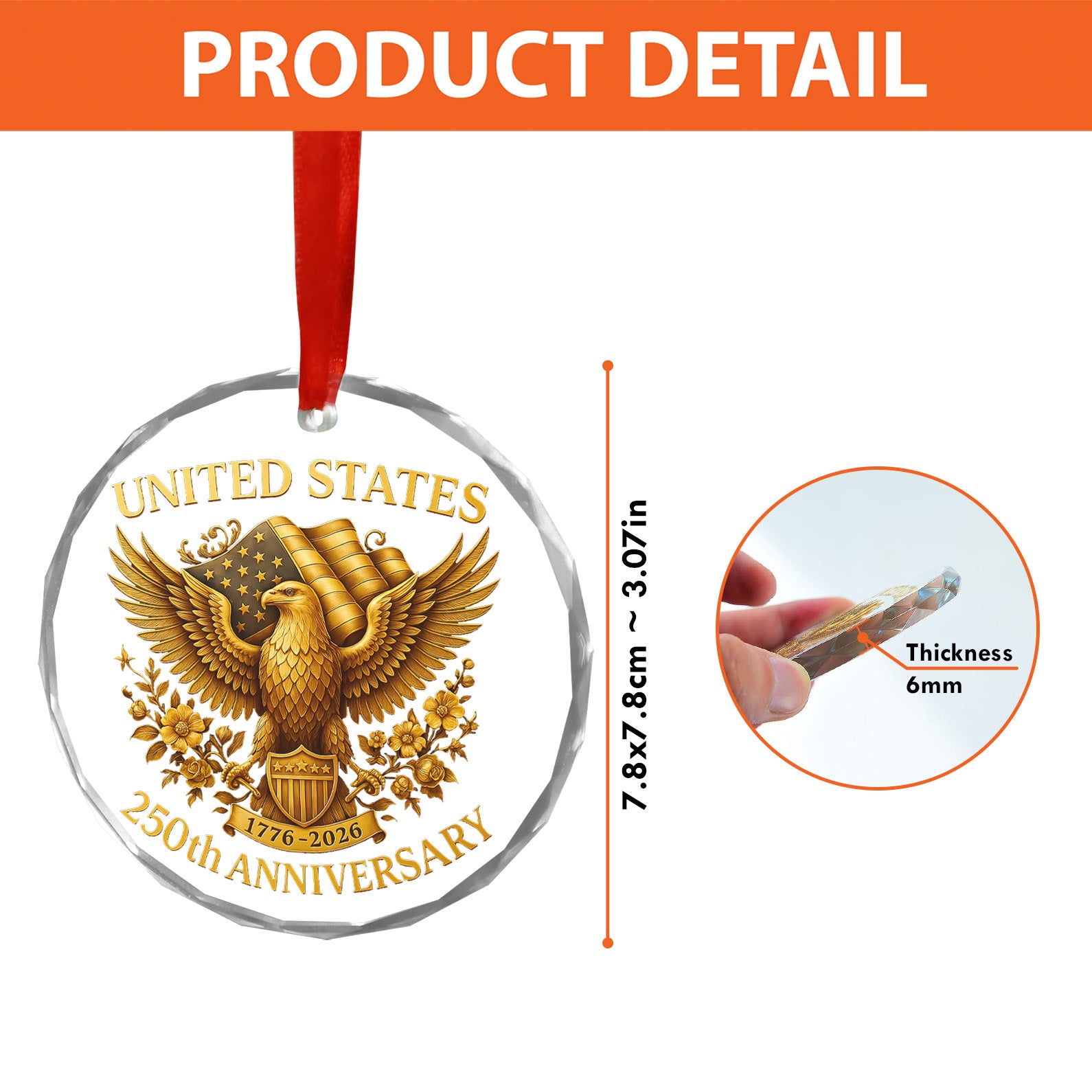 United States 250 Years Anniversary Glass Ornament | Patriotic 4th of July 1776–2026 Christmas Ornament 683407 - Image 3