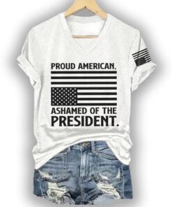 Alternative view of V-neck Retro Proud American Ashamed Of The President Print T-Shirt