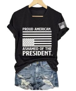 V-neck Retro Proud American Ashamed Of The President Print T-Shirt
