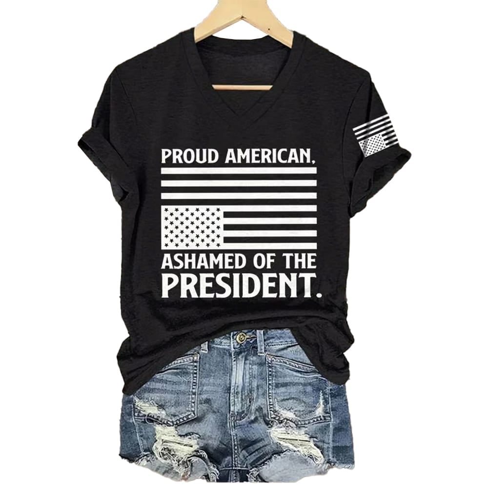 V-neck Retro Proud American Ashamed Of The President Print T-Shirt