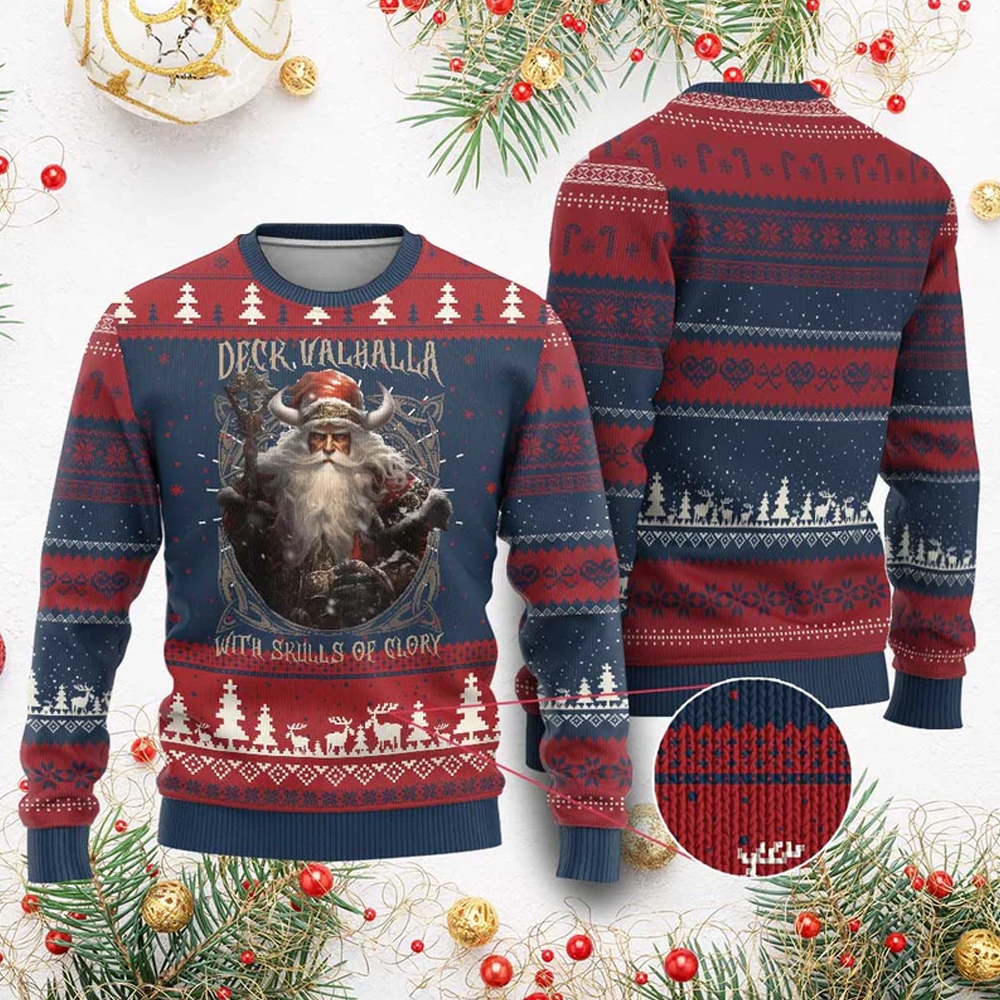 Viking Deck Valhalla With Skulls Of Glory Ugly Christmas Sweater - Grishko.com