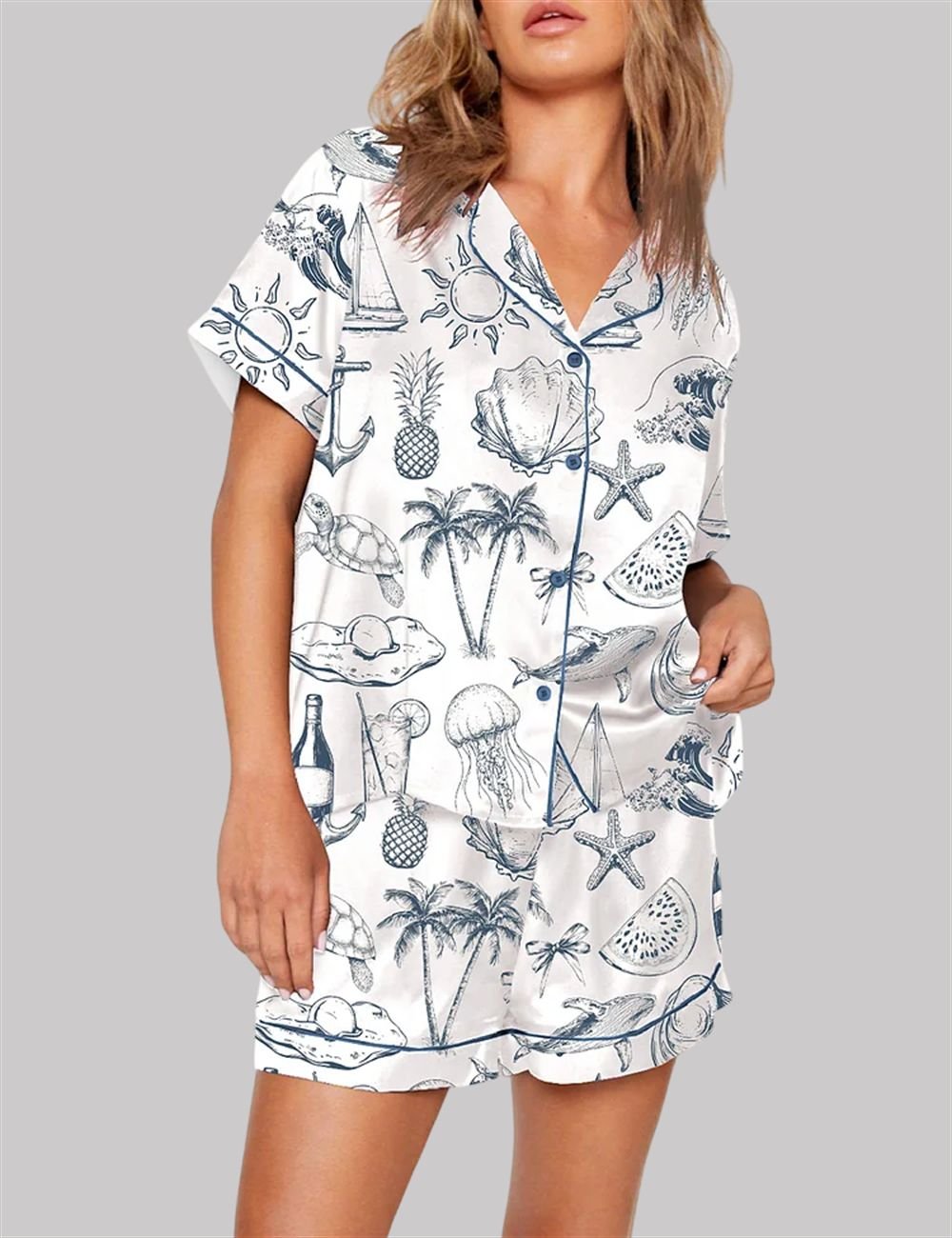 Vintage Coastal Nautical Hand Drawn Sea Life Retro Summer Beach Pajama Set
