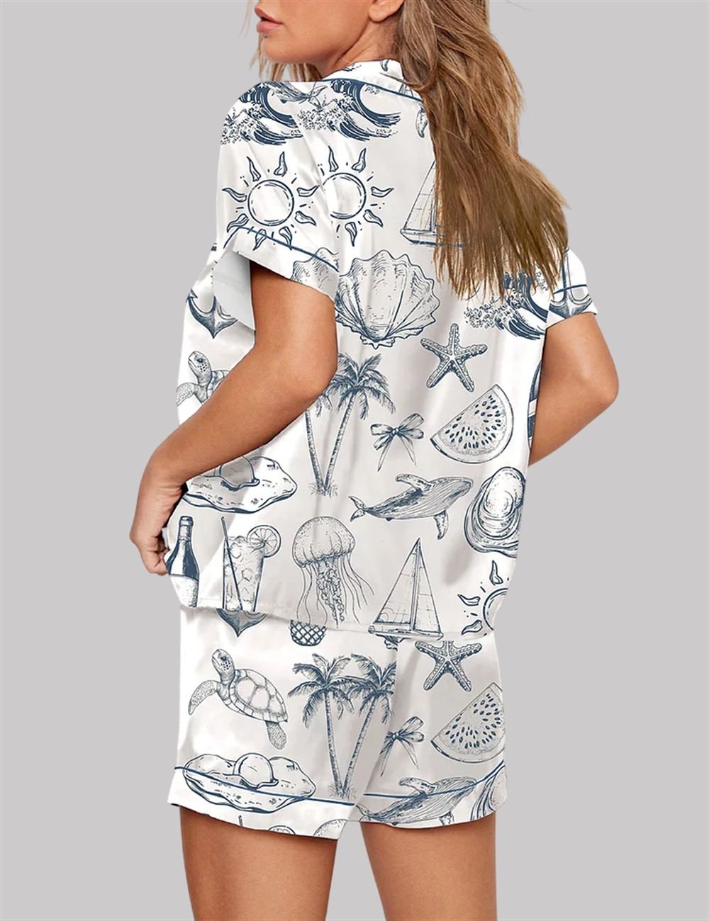 Vintage Coastal Nautical Hand Drawn Sea Life Retro Summer Beach Pajama Set - Image 2