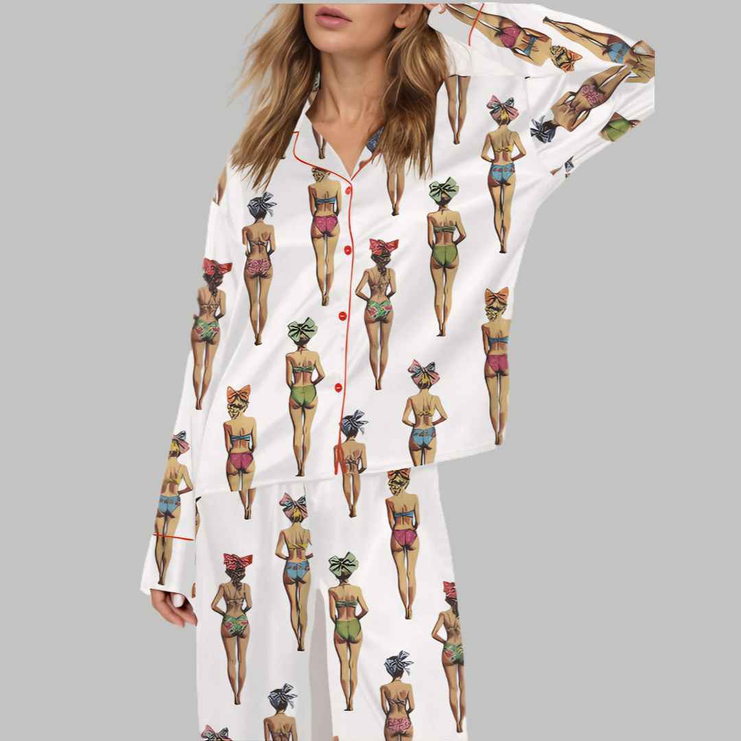 Vintage Coquette Swimsuit Ladies Silky Satin Pajama Set