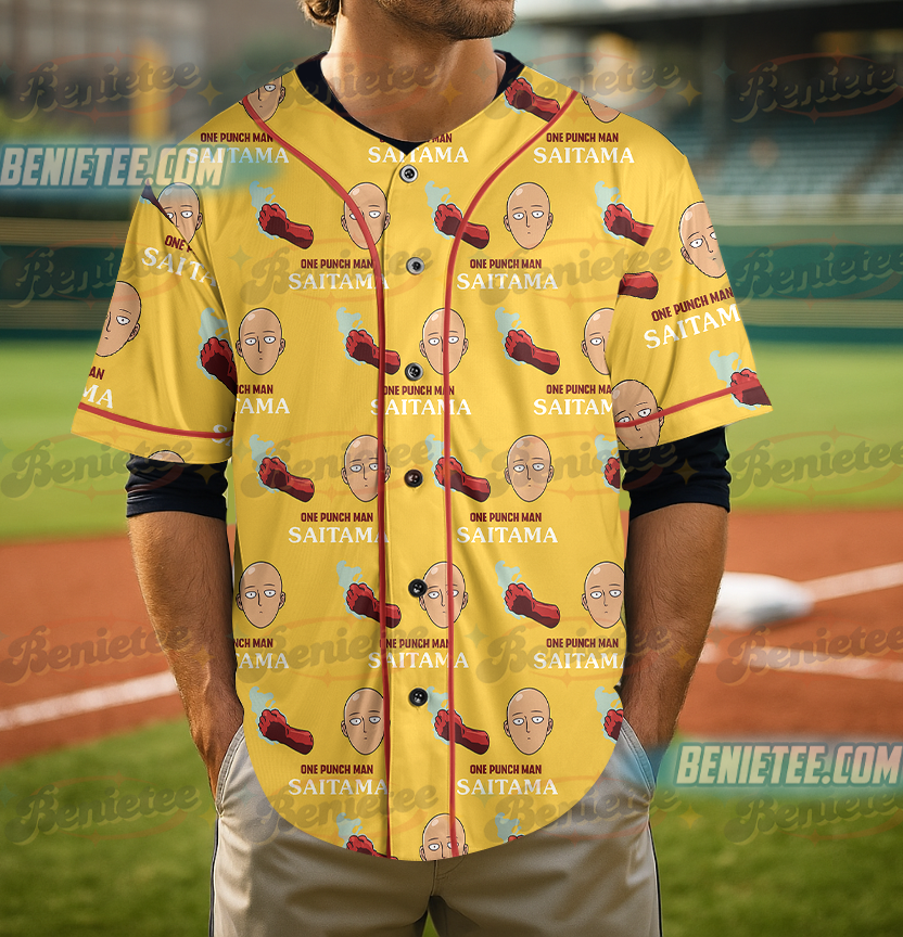 Power Saitama One Punch Man Button Up Baseball Jersey - Image 4